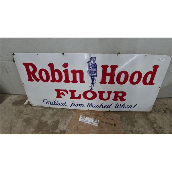 Vintage Robin Hood Flour "Milled From Washed Wheat" Porcelain Enamel Advertising Sign. 30”×72”