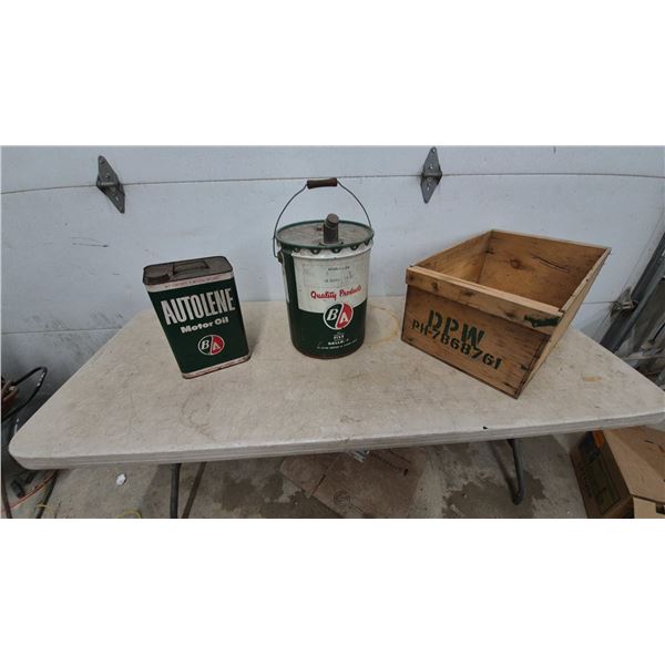 BA Autolene Motor Oil 2 Imperial Gallons Can, BA Quality Products 5 Gallons Pail and Wood Crate