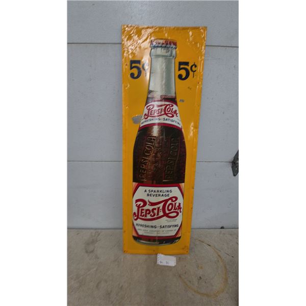 Vintage Pepsi-Cola 5¢ Embossed Tin Sign with Bottle Graphic, 48”×15.6”