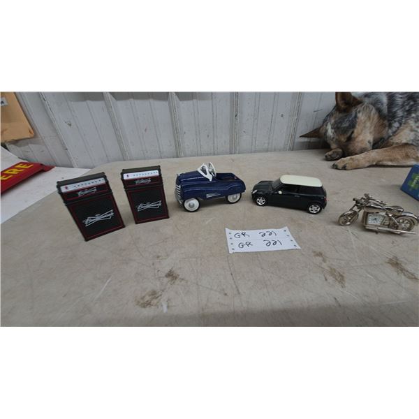 Budweiser Amplifier Speakers, Blue Pedal Car, and Mini Cooper Die-Cast