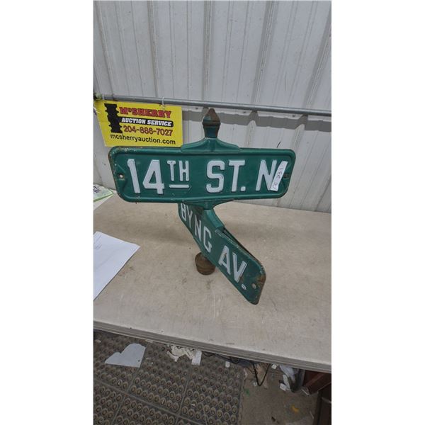 Vintage Cast Iron Double-Sided Street Sign Post, “14th St. N” and “Byng Av.”
