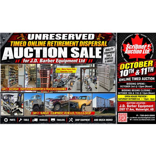 JD BARBER EQUIPMENT LTD. : Retirement Dispersal Auction Oct 10th & 11th : 2026