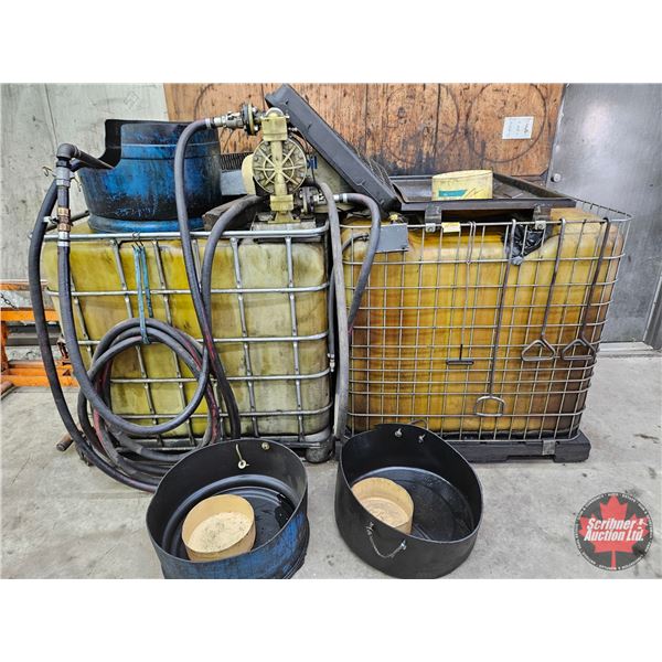 2 Bulk Fluid Transfer Totes with Diaphragm Pump & Hoses (for Used Oil)