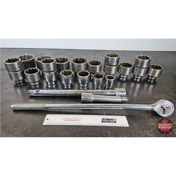 Assorted 1" Drive Sockets & Ratchet