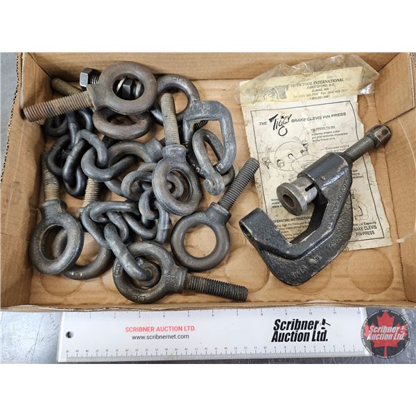 Assorted Eye Bolts, Hooks & Brake Clevis Pin Press