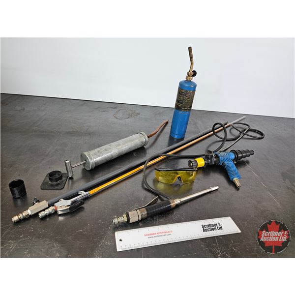 Assorted Pneumatic Tools, Grease Gun & Torch