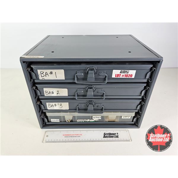 Assorted International Truck Parts in Metal Parts Organizer