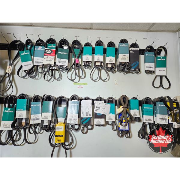 62 Assorted Drive Belts with Rack