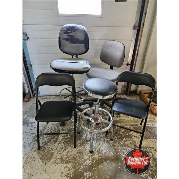 Assorted Chairs and Shop Stool, 5 Pieces