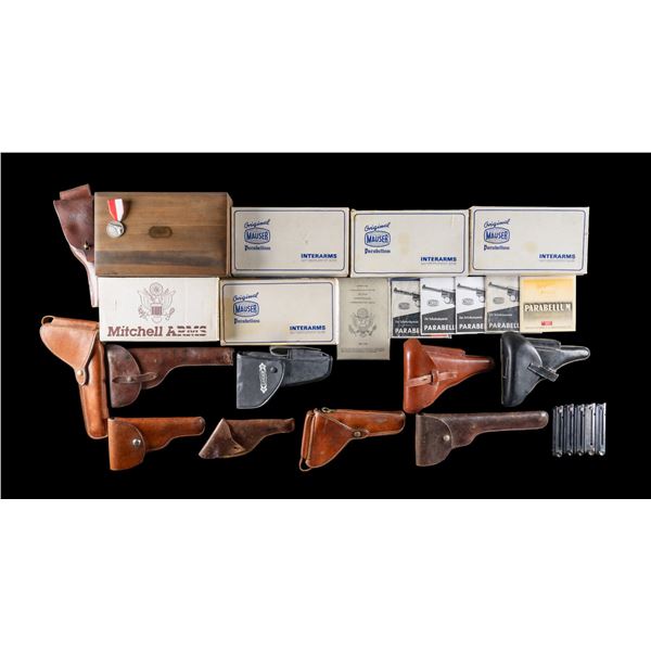 LOT OF ASSORTED LUGER ITEMS: HOLSTERS, BOXES, MAGS