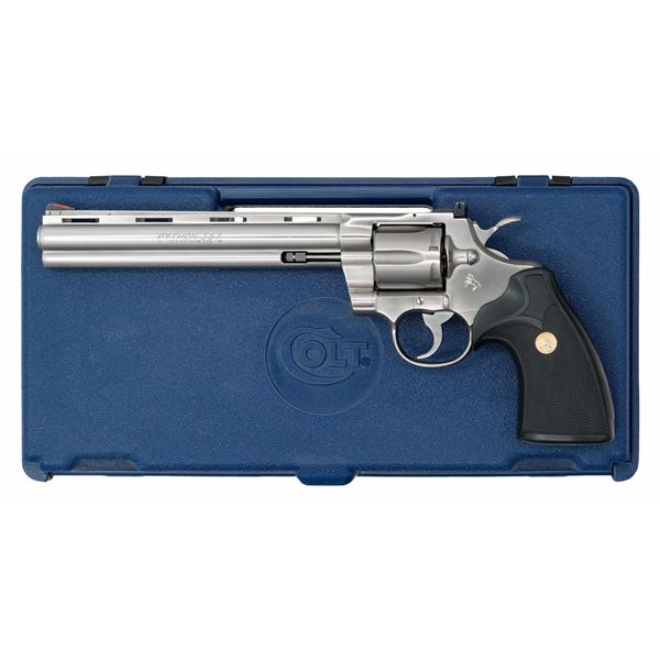 COLT PYTHON STAINLESS 8" REVOLVER WITH CASE.
