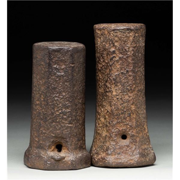 TWO VINTAGE IRON "THUNDER MUG" SIGNAL CANNONS.