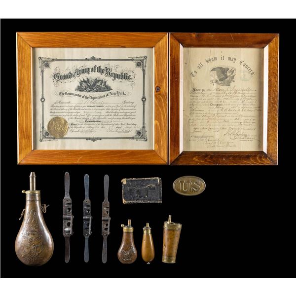 FRAMED CIVILWAR DOCUMENTS, POWDER FLASKS AND