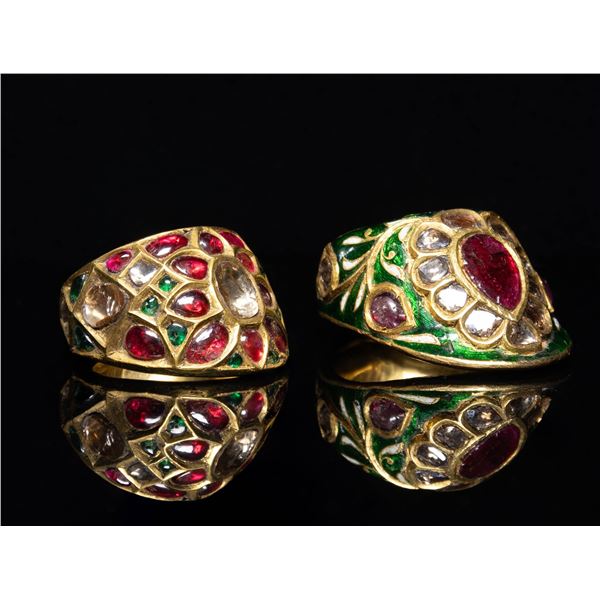 PAIR OF INDIAN JEWEL ENCRUSTED ENAMELED GOLD,