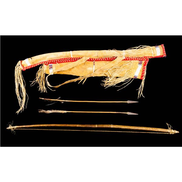 NATIVE AMERICAN BOW, ARROWS, QUIVER & BOW POUCH.
