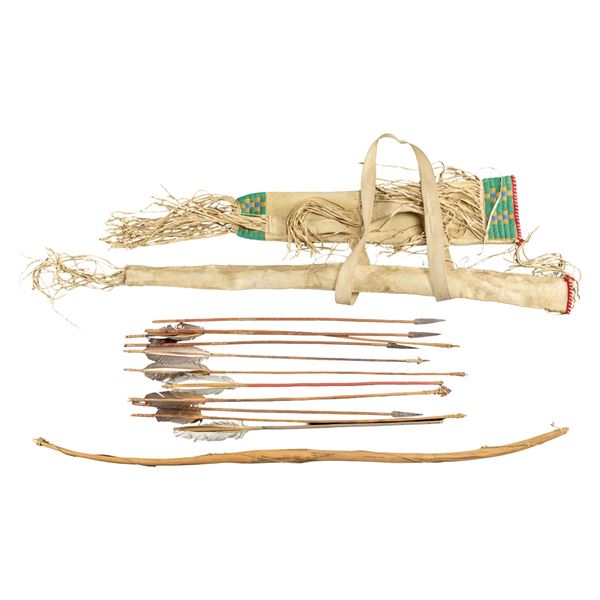 PLAINS STYLE NATIVE AMERICAN BOW, ARROWS, QUIVER &