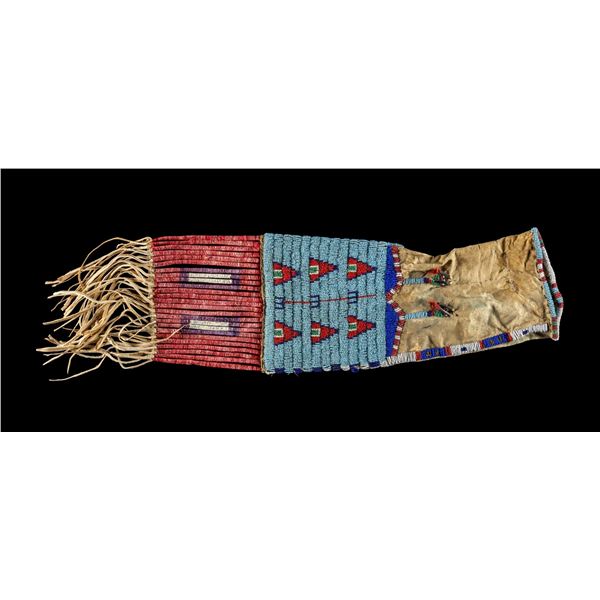 NATIVE AMERICAN GREEN DYED, BEADED & QUILLED PIPE