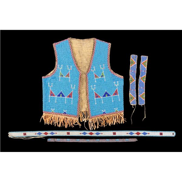 FINE FULLY BEADED PLAINS INDIAN VEST, BELT,