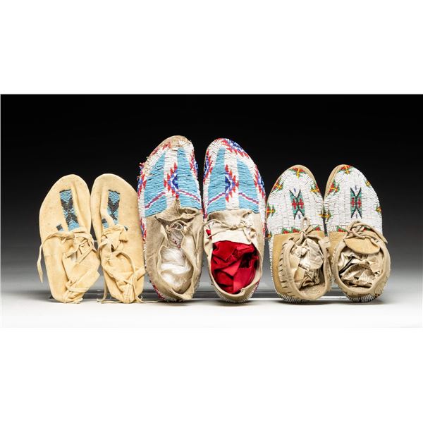 THREE PAIR NATIVE AMERICAN BEADED MOCCASINS.