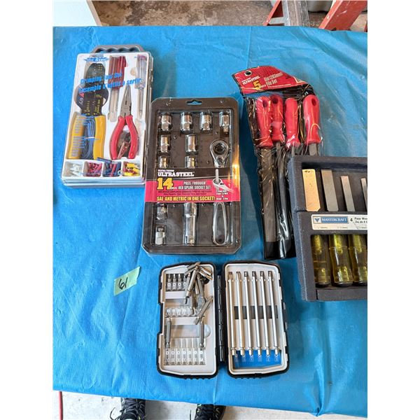ASSORTED TOOL SETS SOCKET, CRIMPING, CHISEL AND BIT SETS HAND TOOL LOT
