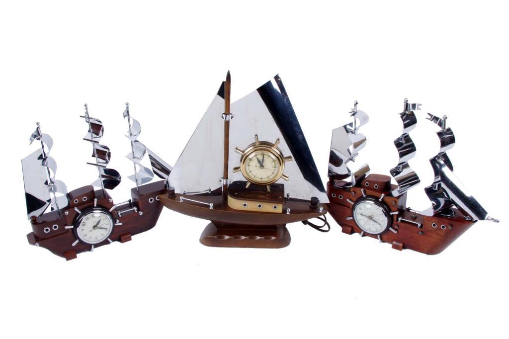 Lot of Three Wood & Chrome Ship Clocks Made by United, circa 1940