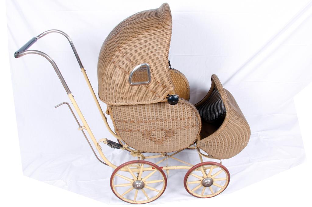 Unique Antique Baby Carriage Wicker body with glass portals, original wooden wheel with rubber tire,