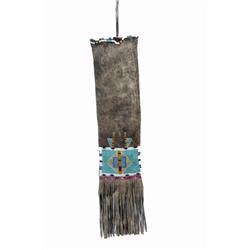 Large Beaded & Quilled Pipe Bag From Plains Indians, pewter and feather drops, thread sewn, some sli