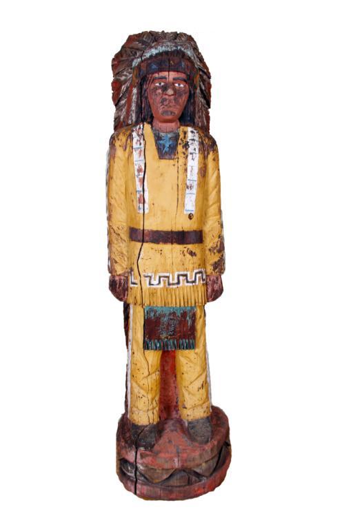 Lot of Two Hand Carved Cigar Store Indians One of an Indian Chief with original polychrome finish re