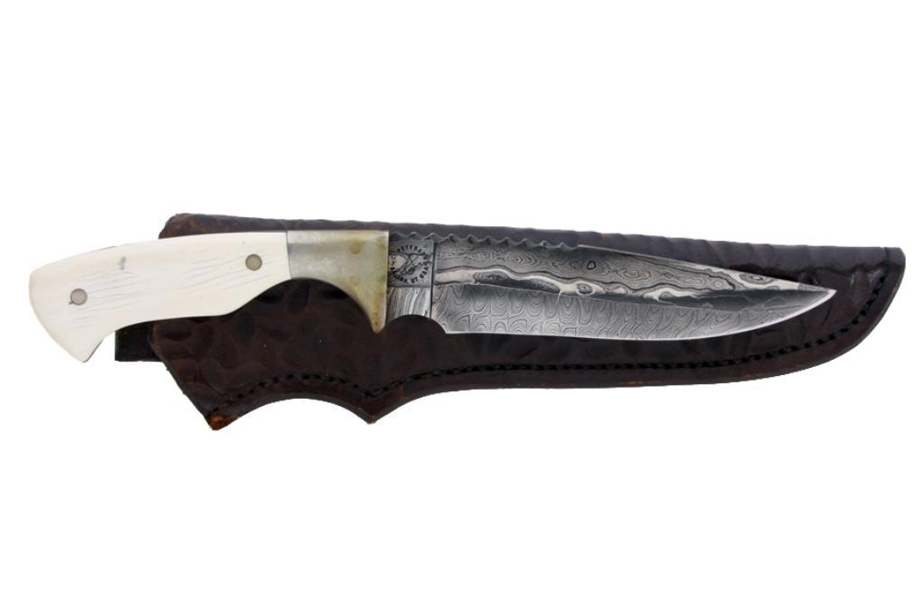 Custom Knife Marked "Peterson, Saina, Utah" with Damascus blade, ivory