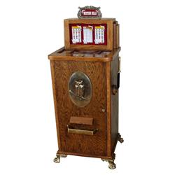 Bally Western Belle #800 25 cent slot machine, cased in oak with brass fixtures, brass claw foot. In