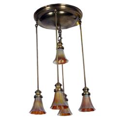 Very Fine 1920s Art Nouveau Cere Dore Bronze style chandelier with 5 Stubben iridescent gold glass t