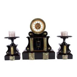 Houget Co. Marble Garnisher Clock Set Black and marble, the French clock pendulum is filled with mer
