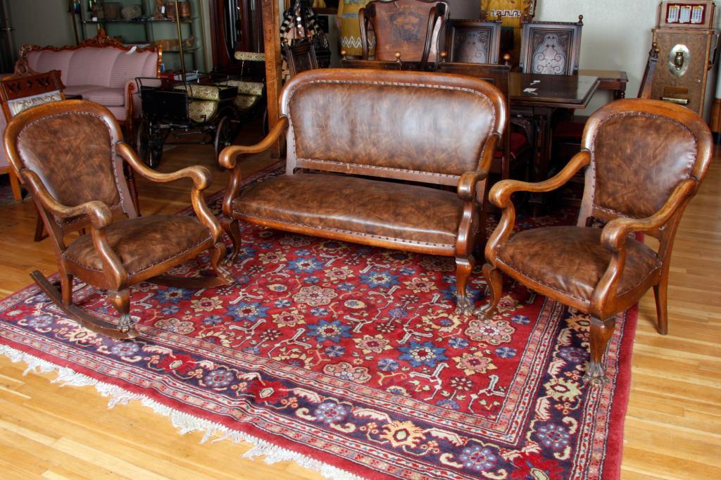 Parlor Set Lot of Three Piece Antique Heavy Oak Parlor Set Unique Western design ...