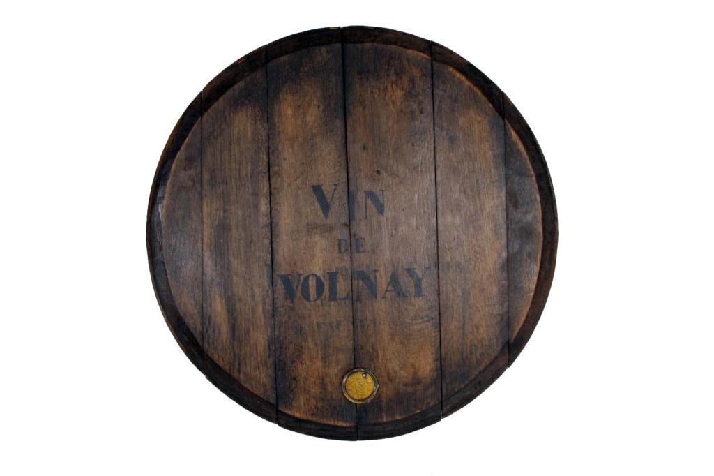 Antique Wine Barrel Top stenciled "Vin de Volnay" with metal embossed