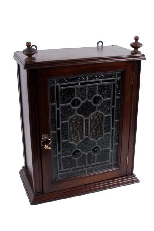 Mahogany Wall Mount Liquor Cabinet With Leaded Stained Glass