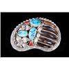 Image 1 : Beautiful Native American Belt Buckle with five bear claws, three turquoise cabs, and two coral cabs
