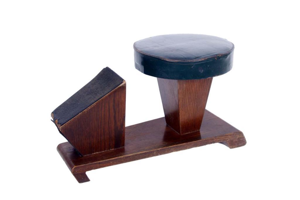 Antique Oak Shoe Shine Foot Stool with vinyl covered seat. Measures approx 30"L X16"H.with vinyl cov