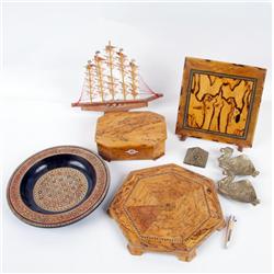 Nine Middle Eastern Items Including an inlaid dish, handmade shell sailboat, jewelry box, 3 brass in