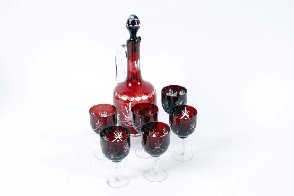 Ruby Red Cut Glass Wine Carafe With Stopper And 6 Matching Wine