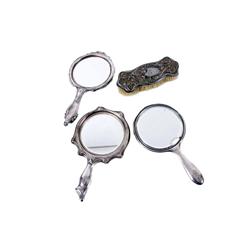 Lot of Three Ladies Hand Mirrors silver plated, one is marked Sterling C502 with monogram, a silver 