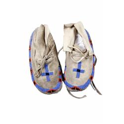 Beaded Child's Moccasins with blue, orange, black beads. Re-soled. 1940-1950s.with blue, orange, bla