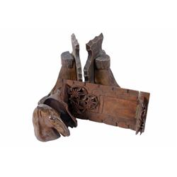 Collection of Book Ends including wrought iron horse heads, horses, elk hoof book ends, and a wooden