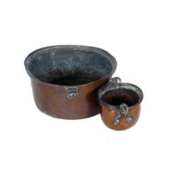 Collection of Two Very Early American Copper cooking pots. One measures 9" in diameter. The other me