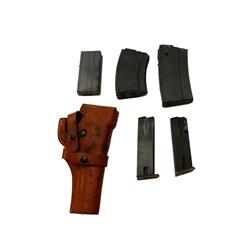 Mixed Lot of Gun Items including a J.C Higgins brown leather revolver holster, a mixed bag of hi-cap