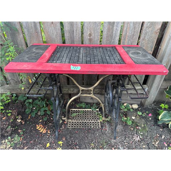 Sewing machine base with hand crafted table top for outdoor use (no machine)