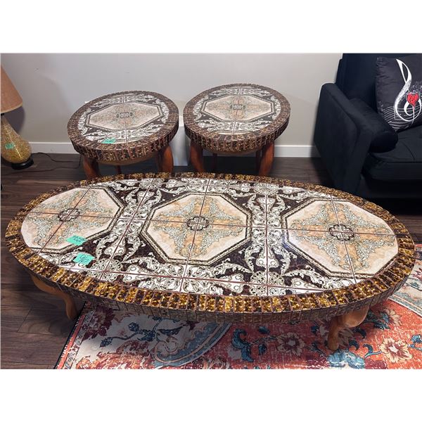 Ornately inlayed coffee and side table set (3 pcs total) heavy