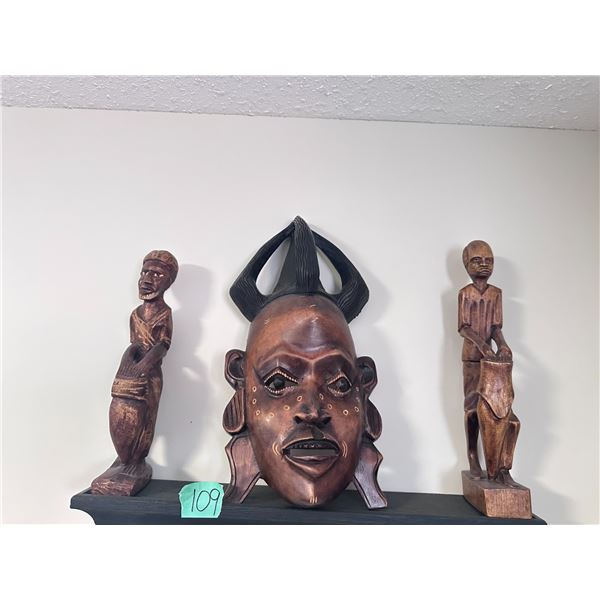 Wooden Wall mask and 2 ornaments