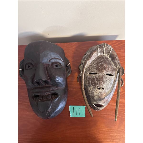Ornate wall masks - 1 wooden, 1 metal