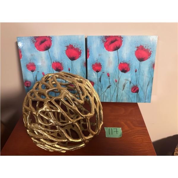 2 Wall art pieces of poppies, table top ornament