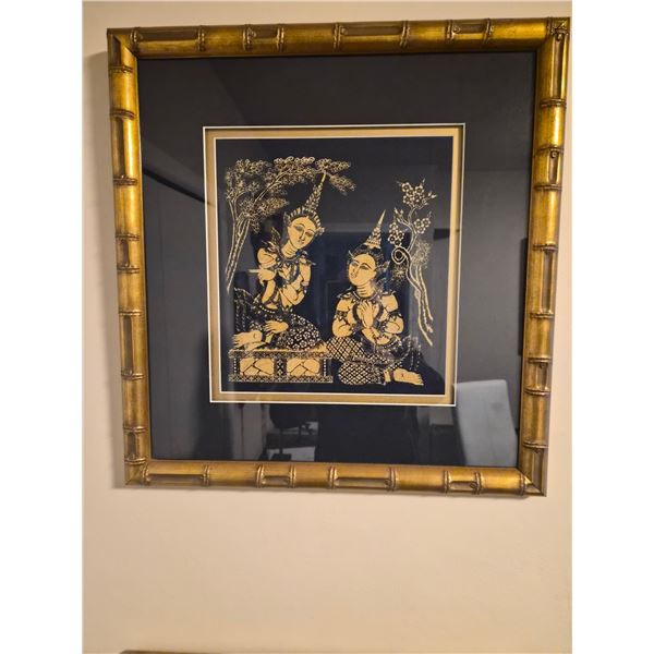 Framed wall art, vintage Thai silk rubbing art